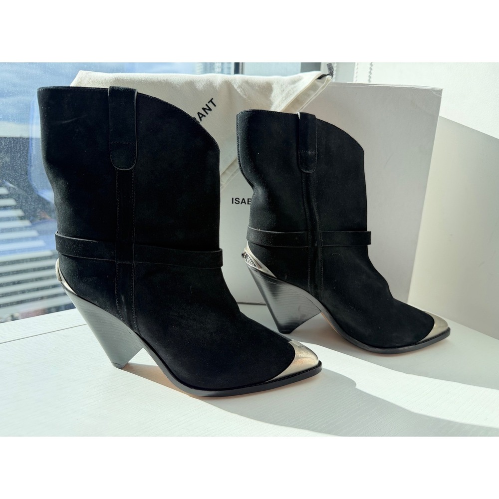 Isabel Marant Lamsy Black Suede Cap Toe Cone Boots Size 40 fits 39 9 fits 8.5 US - Picture 4 of 16